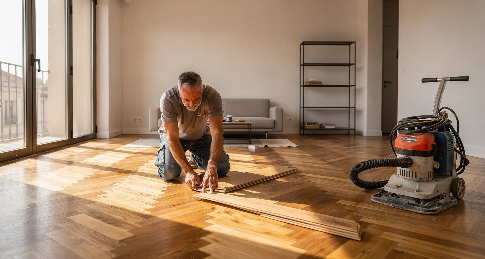 Instalación artesanal de parquet en espiga de roble natural en vivienda de Madrid