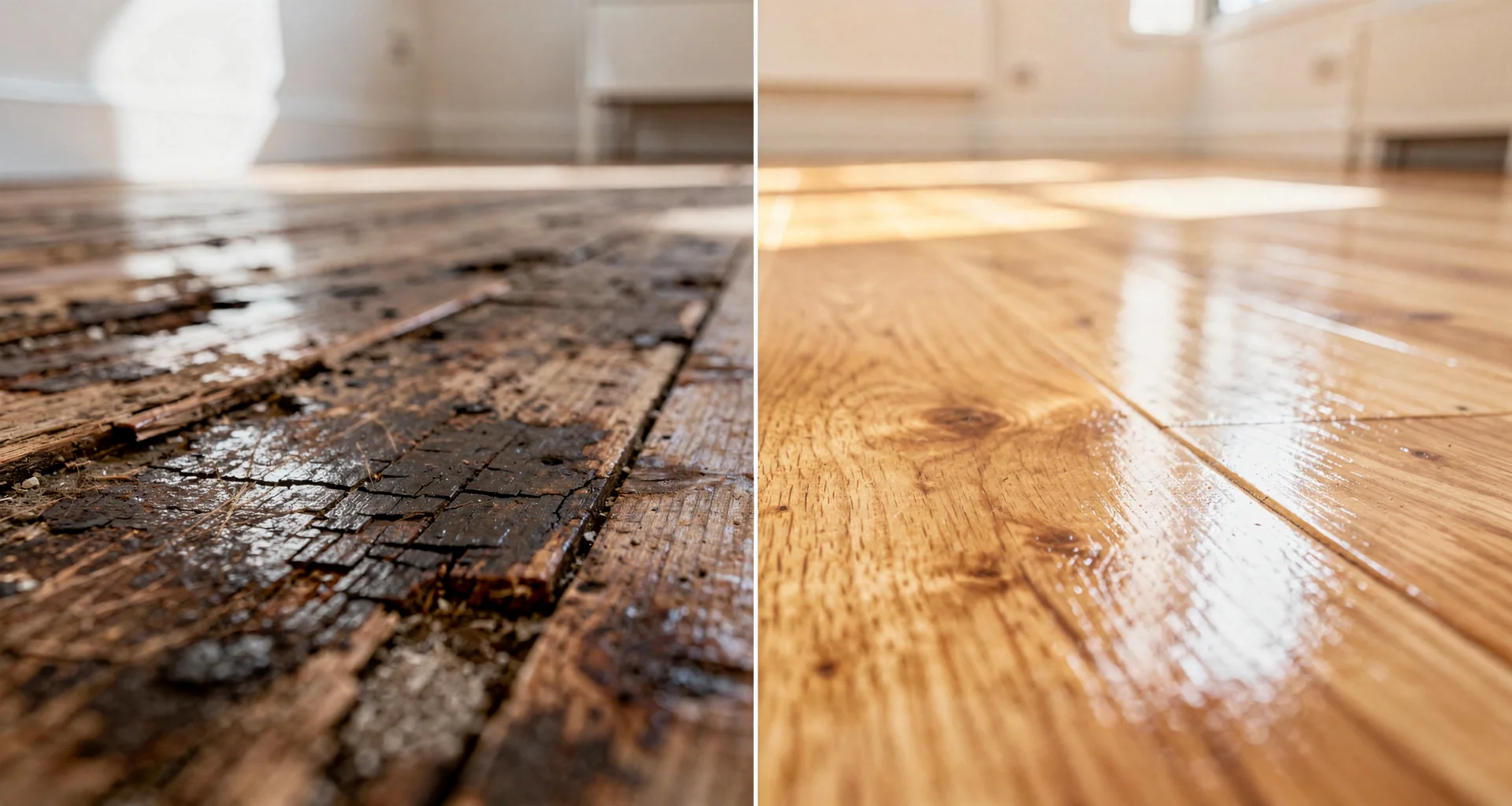 Antes y después de la restauración profunda de suelo de madera en Las Rozas