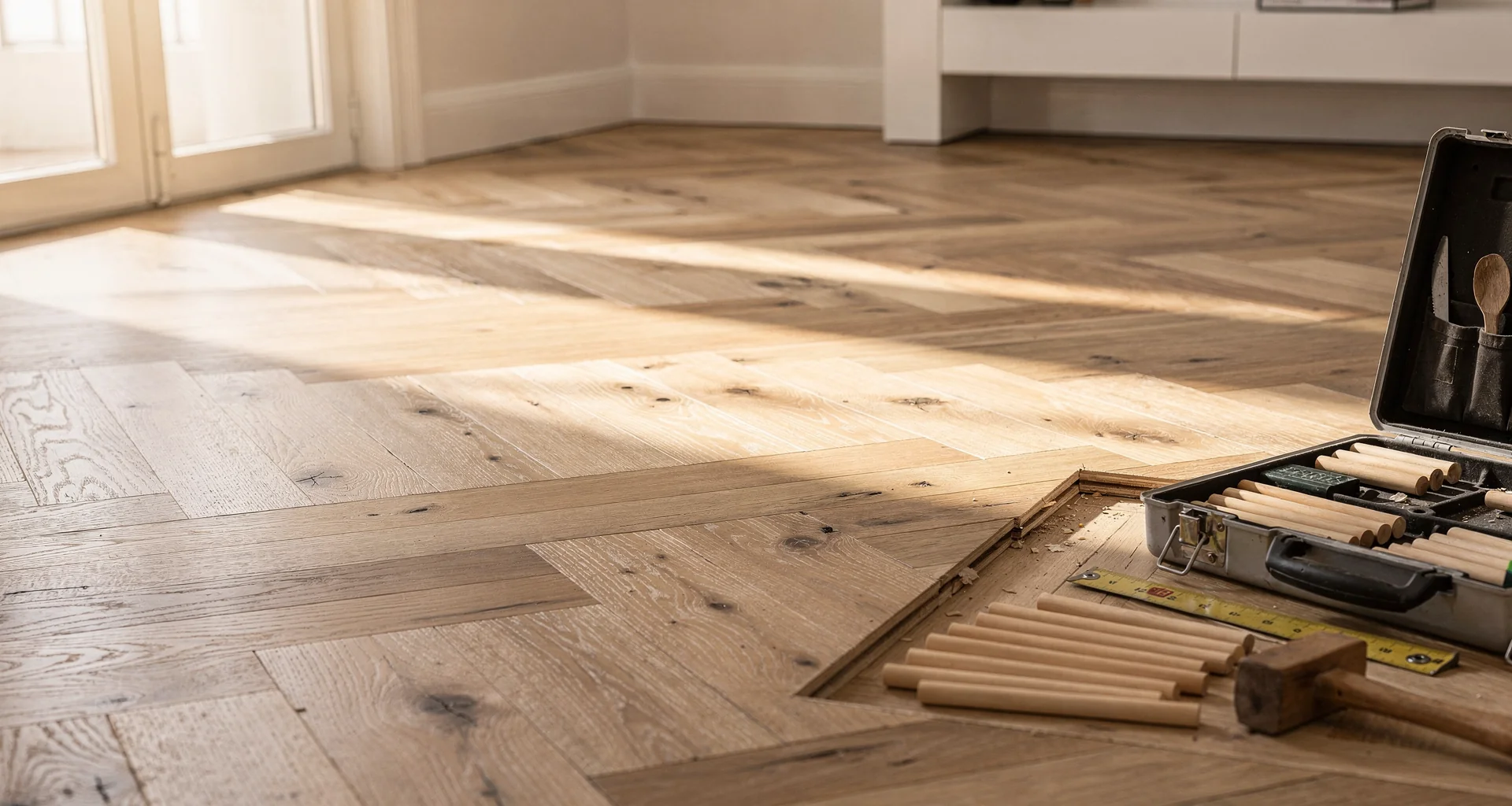 Suelo de parquet en espiga clásica de roble natural en Retiro