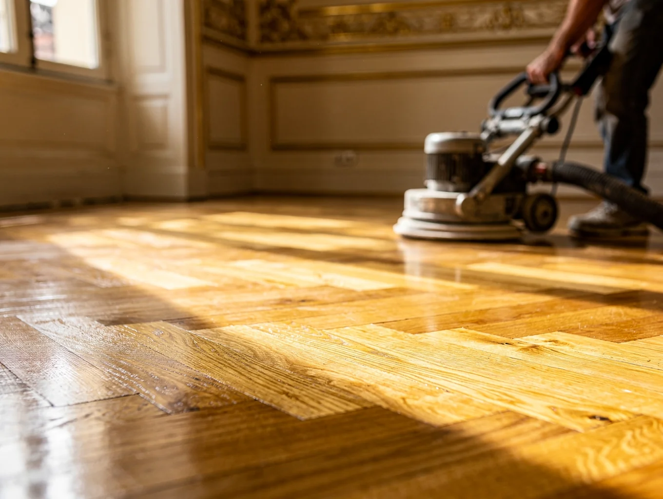 Trabajos de instalación y restauración de parquet realizados por Parquet L&G en Madrid - Transición enrasada artesanal