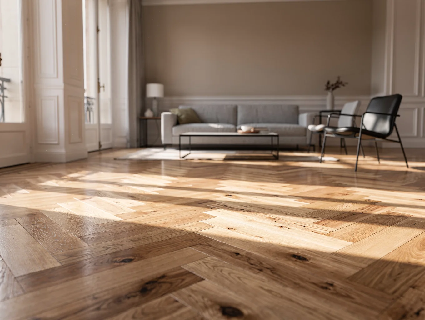 Suelo de parquet en espiga de roble natural barnizado en acabado mate en vivienda de Madrid